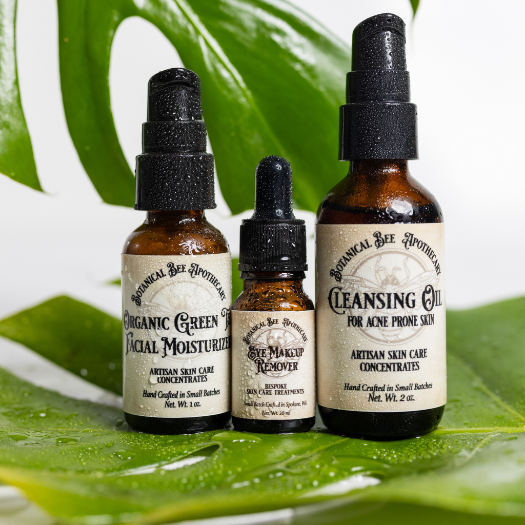 Botanical Bee Apothecary's all natural artisan skin care concentrates; Organica Green Tea Facial Moisturizer, Eye Makeup Remover and Cleansing Oil.
